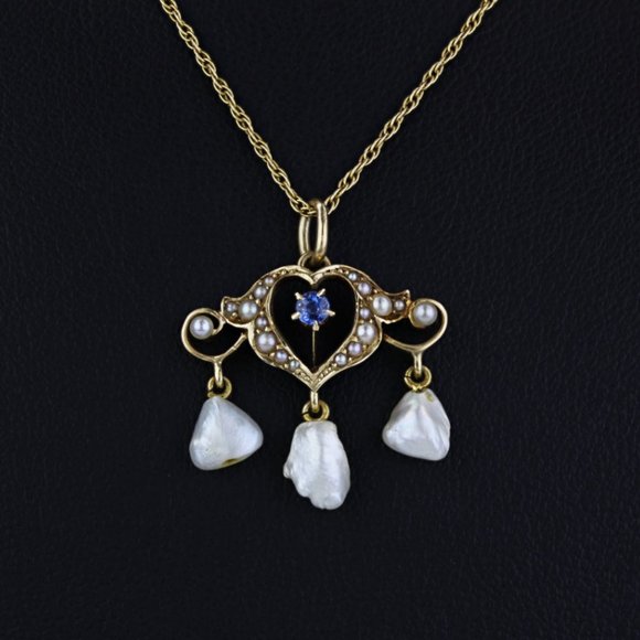 Antique Edwardian 14k Gold Sapphire + Pearl Heart Pendant Necklace (c.1900) - Picture 5 of 9